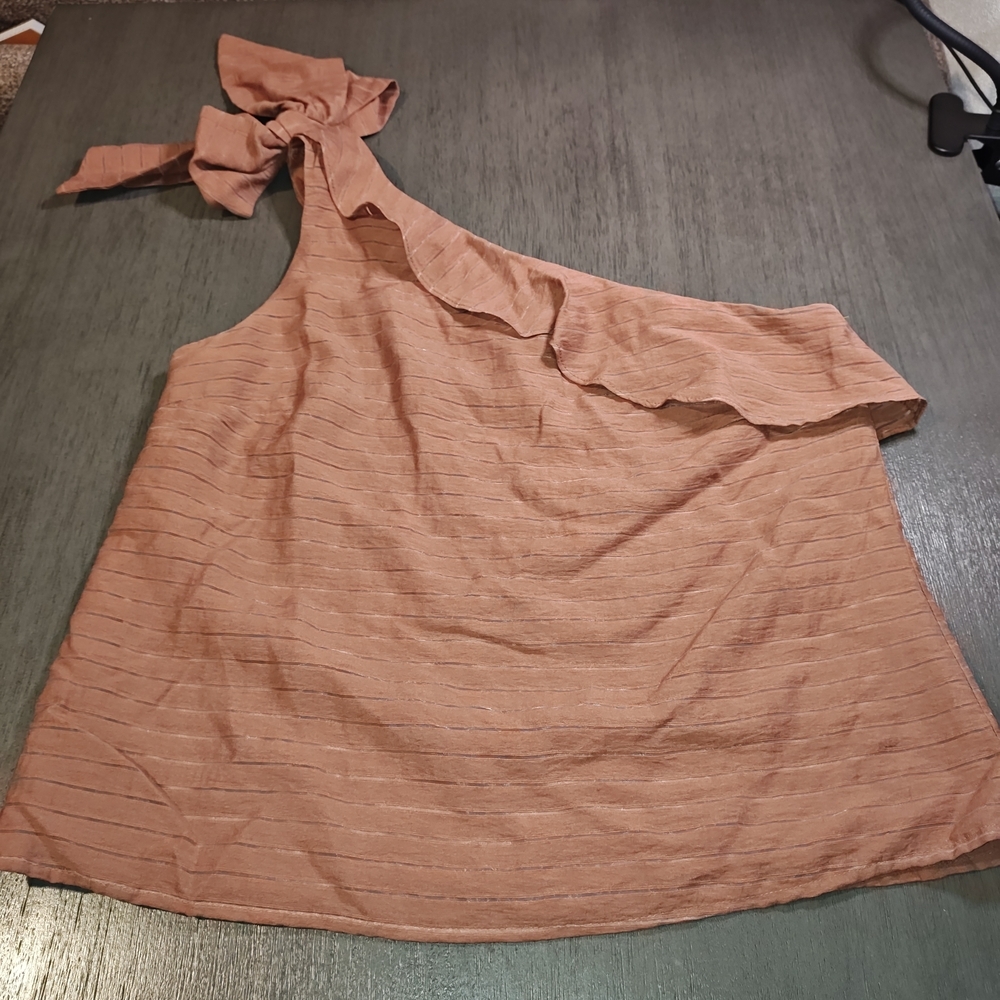 Nine West one-shoulder ruffle blouse in a rustic brown color-sheer stripes Small
